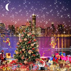 Christmas City Night Under Creacent Photography Scenery Backdrop Christmas Theme Banner AKA-007