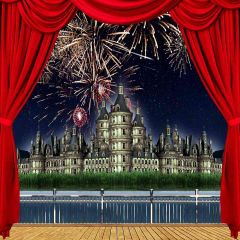 Riverside Castle Firework View From Balcony Photography Scenery Backdrop Balcony Landscape Theme Banner AKA-032