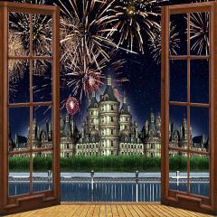 Riverside Castle Firework View From Window Photography Scenery Backdrop Balcony Landscape Theme Banner AKA-034