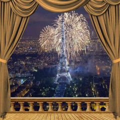 Eiffel Tower Firework Night View From Balcony Photography Scenery Backdrop Balcony Landscape Theme Banner AKA-036
