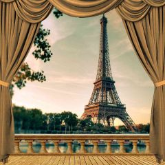 Evening Side Eiffel Tower View From Balcony Photography Scenery Backdrop Balcony Landscape Theme Banner AKA-037