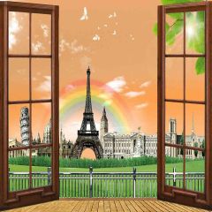 Rainbow Eiffel Tower View From Window Photography Scenery Backdrop Balcony Landscape Theme Banner AKA-050