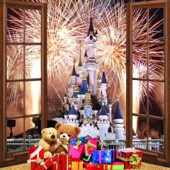 Christmas Firework Castle View From Balcony Photography Scenery Backdrop Balcony Landscape Theme Banner AKA-085