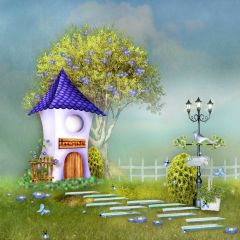 Cute Cartoon House Big Tree Photography Scenery Backdrop Housing Theme Banner AKA-457