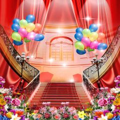 Flowers Balloons Stairs Photography Scenery Backdrop Indoor Theme Banner AKA-467