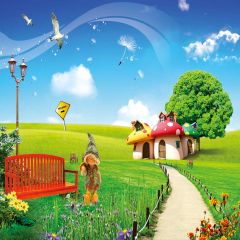 Vast Grasslands Lovely Cottages Photography Scenery Backdrop Cartoon Theme Banner AKA-481
