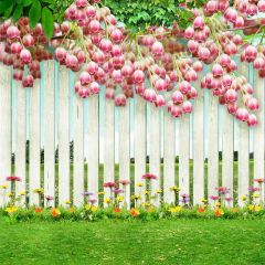 Pink Flowers On White Fence Photography Scenery Backdrop Garden Scenery Theme Banner AKA-796