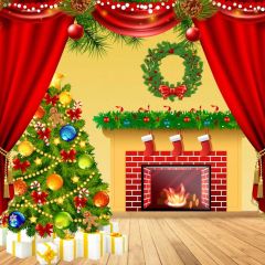 Curtain Gift Stove Tree Photography Scenery Backdrop Christmas Theme Banner BCE-065