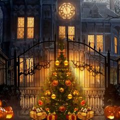 Mistletoe House Pumpkin Photography Scenery Backdrop Christmas Theme Banner BCE-177