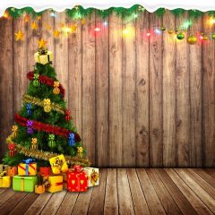 Wooden Floor Tree Light Photography Scenery Backdrop Christmas Theme Banner BCE-212