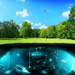 Sea Plane Tree Grassland Photography Scenery Backdrop Ocean Theme Banner BCE-258