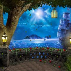 Flower Ship Sea Tree Photography Scenery Backdrop Balcony Landscape Theme Banner BCE-312