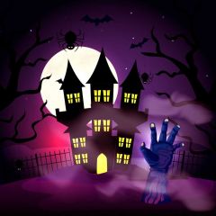 Building Hand Fence Tree Photography Scenery Backdrop Halloween Theme Banner BCE-514