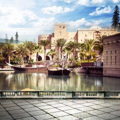 Palm Tree Boat Lake Rail Photography Scenery Backdrop Nature Theme Banner BCE-642