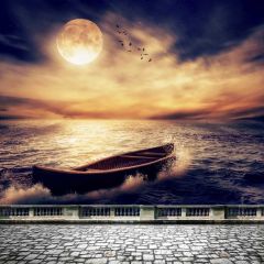 Sunfall Ship Fullmoon Photography Scenery Backdrop Nature Theme Banner BCE-683