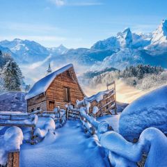 Snow Shack Fence Mountain Photography Scenery Backdrop Snow Theme Banner BCE-775