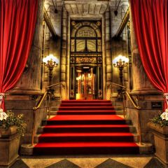 Stairs Light Red Curtain Photography Scenery Backdrop Stairs Theme Banner BCE-779