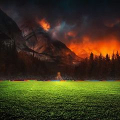 Volcano Grassland Fir Tree Photography Scenery Backdrop Nature Theme Banner BCE-826