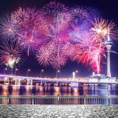Long Suspension Bridge Colorful Fireworks Photography Scenery Backdrop Festival Celebration Theme Banner BCE-984