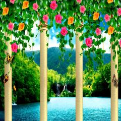 Flower Pillar Water Mountain Photography Scenery Backdrop Arches or Pillars Theme Banner BVU-102