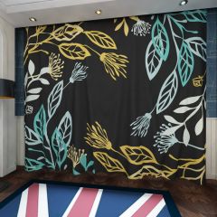 Gold Blue Flower Window Curtains CUR-0269