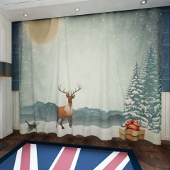 Christmas Moon Snow Deer Tree Present Window Curtains CUR-0444