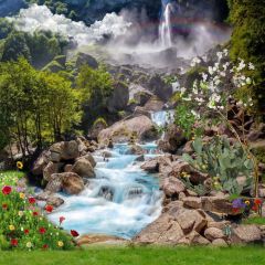 Tree Flower Waterfall Stone Photography Scenery Backdrop Nature Theme Banner EUV-216
