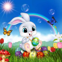 Rabbit Grass Rainbow Sun Butterfly Flower Photography Scenery Backdrop Cartoon Theme Banner EUV-763