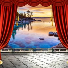 Curtain Balcony Sea Sunset Stone Tree Photography Scenery Backdrop Ocean Theme Banner IYC-062