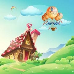 House Grass Mountain Cloud Fire Balloon Photography Scenery Backdrop Cartoon Theme Banner IYC-075