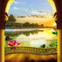 Arch Balcony Lotus River Photography Scenery Backdrop Balcony Landscape Theme Banner IYC-091