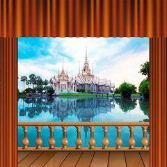 Curtain Water Tree Sky Castle Photography Scenery Backdrop Balcony Landscape Theme Banner IYC-209