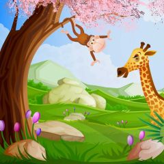 Deer Tree Monkey Stone Grass Photography Scenery Backdrop Cartoon Theme Banner IYC-216