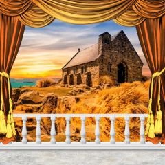 Curtain Sunset House Grass Stone Photography Scenery Backdrop Balcony Landscape Theme Banner IYC-271