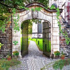 Arch Grass Brick Floor Photography Scenery Backdrop Garden Scenery Theme Banner IYC-278