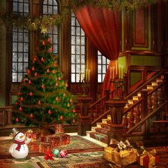 Tree Stairs Snowman Present Window Photography Scenery Backdrop Christmas Theme Banner IYC-488