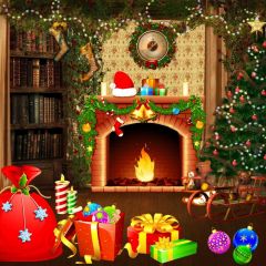 Present Fireplace Clock Bookshelf Photography Scenery Backdrop Christmas Theme Banner IYC-494