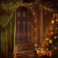 Window Tree Curtain Ball Photography Scenery Backdrop Christmas Theme Banner IYC-514