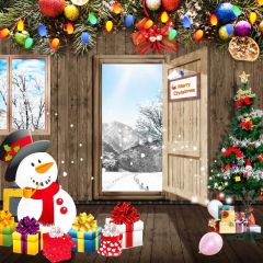 Snowman Cap Present Door Ball Tree Photography Scenery Backdrop Christmas Theme Banner IYC-521