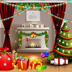 Curtain Tree Present Fireplace Painting Photography Scenery Backdrop Christmas Theme Banner IYC-522