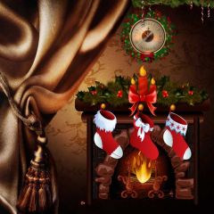 Sock Clock Curtain Plant Fireplace Photography Scenery Backdrop Christmas Theme Banner IYC-527