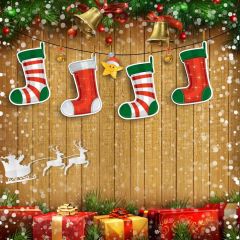 Wood Sock Present Plant Small Bell Photography Scenery Backdrop Christmas Theme Banner IYC-529
