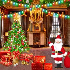Santa Claus Tree Present Fireplace Photography Scenery Backdrop Christmas Theme Banner IYC-531