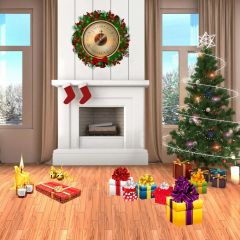 Tree Floor Clock Window Curtain Photography Scenery Backdrop Christmas Theme Banner IYC-538