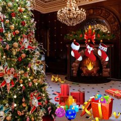 Tree Sock Fireplace Present Photography Scenery Backdrop Christmas Theme Banner IYC-539