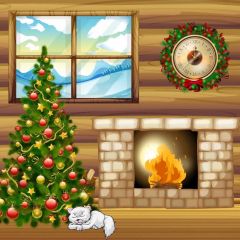 Tree Fireplace Clock Window Cloud Photography Scenery Backdrop Christmas Theme Banner IYC-541
