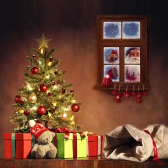 Tree Present Window Bear Photography Scenery Backdrop Christmas Theme Banner IYC-548