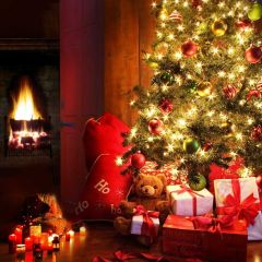 Fire Tree Present Bear Candle Photography Scenery Backdrop Christmas Theme Banner IYC-567