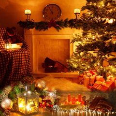 Tree Clock Present Light Ball Photography Scenery Backdrop Christmas Theme Banner IYC-590