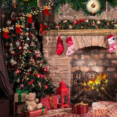 Tree Bear Present Fire Photography Scenery Backdrop Christmas Theme Banner IYC-594